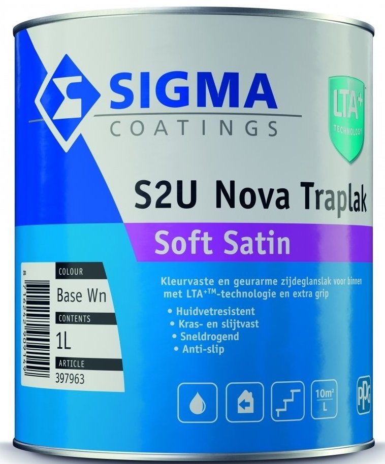 Zijdeglansverf voor hout binnen (waterbasis) - Sigma-S2U-Nova-Traplak-Soft-Satin-1L