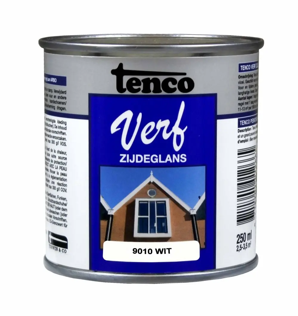 Zijdeglans verf voor hout buiten (terpentinebasis) - tencoverf-zijdeglans-wit-0,25ltr-verfcompleet.nl